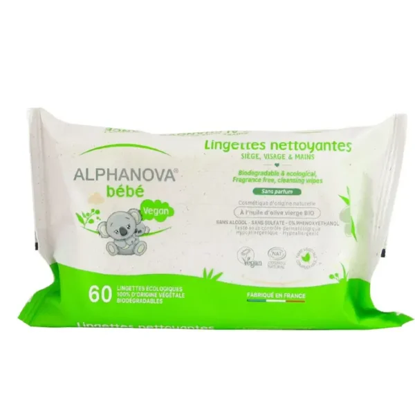 ALPHANOVA LINGETTES A L'HUILE D'OLIVE & ALOE -BIODEGRADABLE - SANS PARFUM - 60u - HYPOALLERGENIQUE